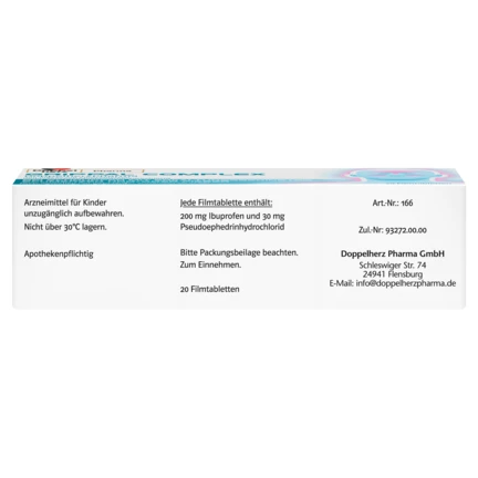 Abbildung der Produktverpackung DoppelherzPharma GRIPPAL COMPLEX DoppelherzPharma 200 mg/ 30 mg Filmtabletten Seitenansicht rechts